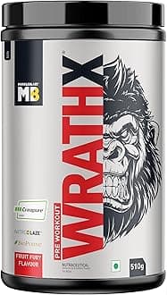 MuscleBlaze Pre Workout Wrathx With Creapure, Enxtra, & Bioperine (Fruit Fury, 500 G, 50 Servings), Powder,Pack of 1