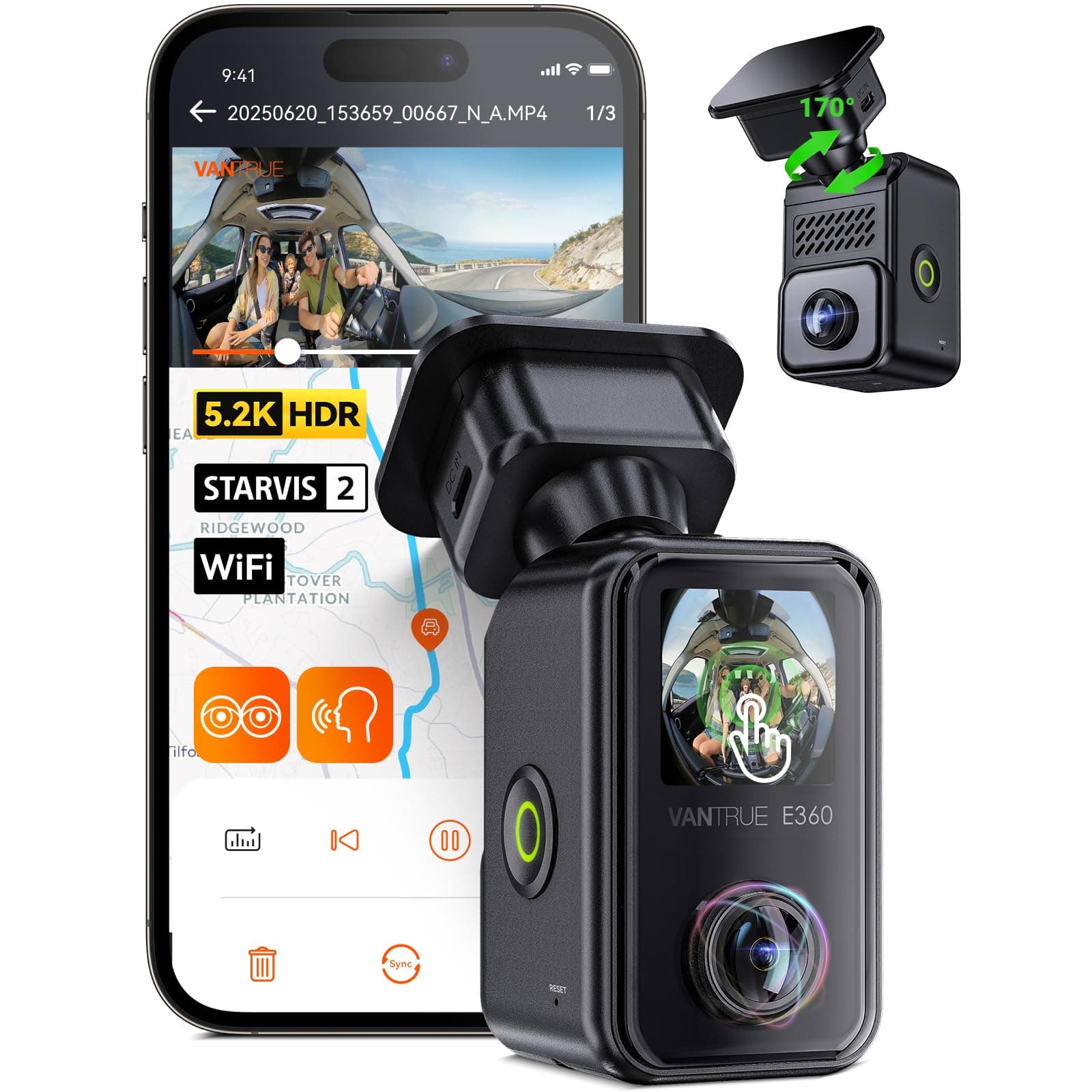 E360 ACE 5.2K 360° Panoramic WiFi Dash Cam, Handheld Action Camera, STARVIS 2, HDR, IR Night Vision, Front Rear Inside Dashcam, Voice Control, GPS, 24/7 Parking Mode, Support 512GB Max