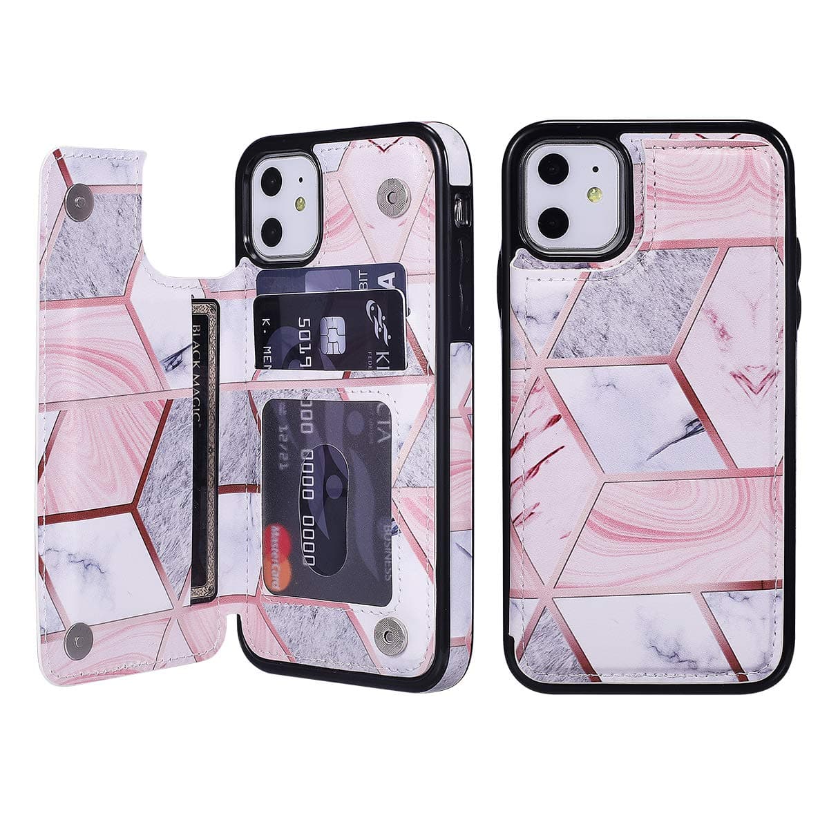 UEEBAI Case for iPhone 11 Pro 5.8", Premium PU Leather Case Geometric Marble Pattern Back Wallet Cover [Two Magnetic Clasp] [Card Slots] Stand Function Durable Shockproof Soft TPU Case - Grey & Pink