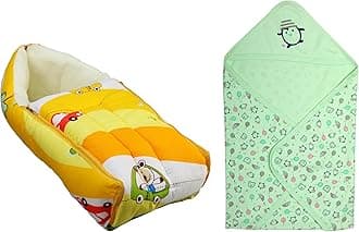 LuvLapLuvLap 3 in 1 Baby Bed, Sleeping Bag & Carry Nest, 0M+ (Cars Print, Multicolour) & Cotton Hooded Wrapper - Baby Towel for New Born | Big Size 75cm x 75cm 0-12 Months