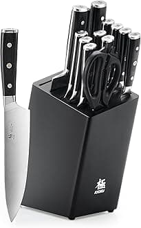 KYOKU Kitchen Knife Set with Block, German High Carbon Steel 15pc Knife Block Set, Samurai Series Knife Block with Knives for Kitchen, Professional Chef Knife Set with Sharpening Steel & Shears