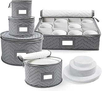 LotFancyChina Storage Containers, Quilted 5-Piece Set Storage Box, Chinaware Dinnerware Dish Plate Mug Cup Storage Case, 48 Felt Protectors, Cardboard Dividers Included