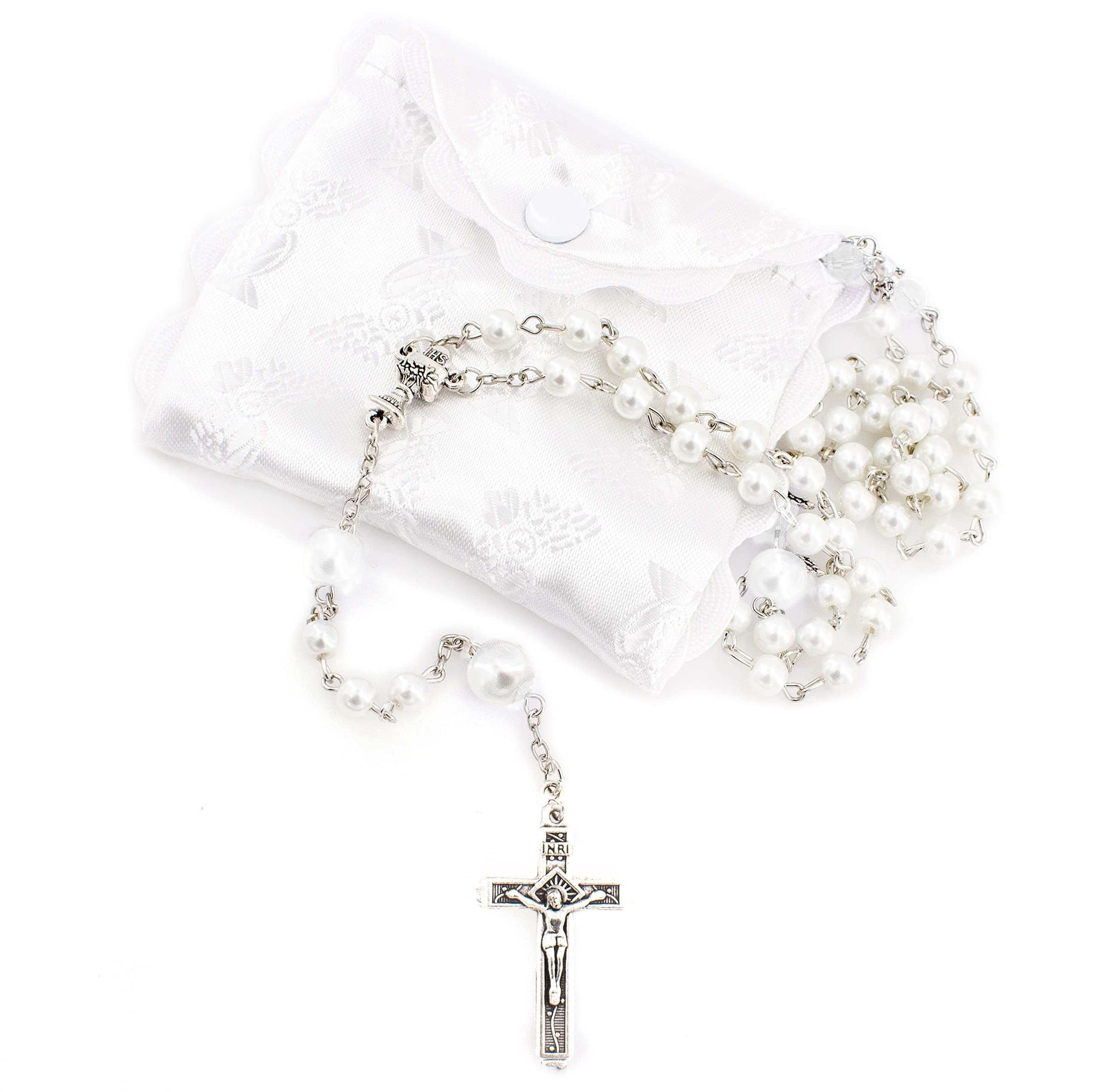 First Communion Catholic Gift Set Includes 6mm White Angel Bead Woman or Girl Rosary with White Satin Brocade Rosary Case with Communion Design