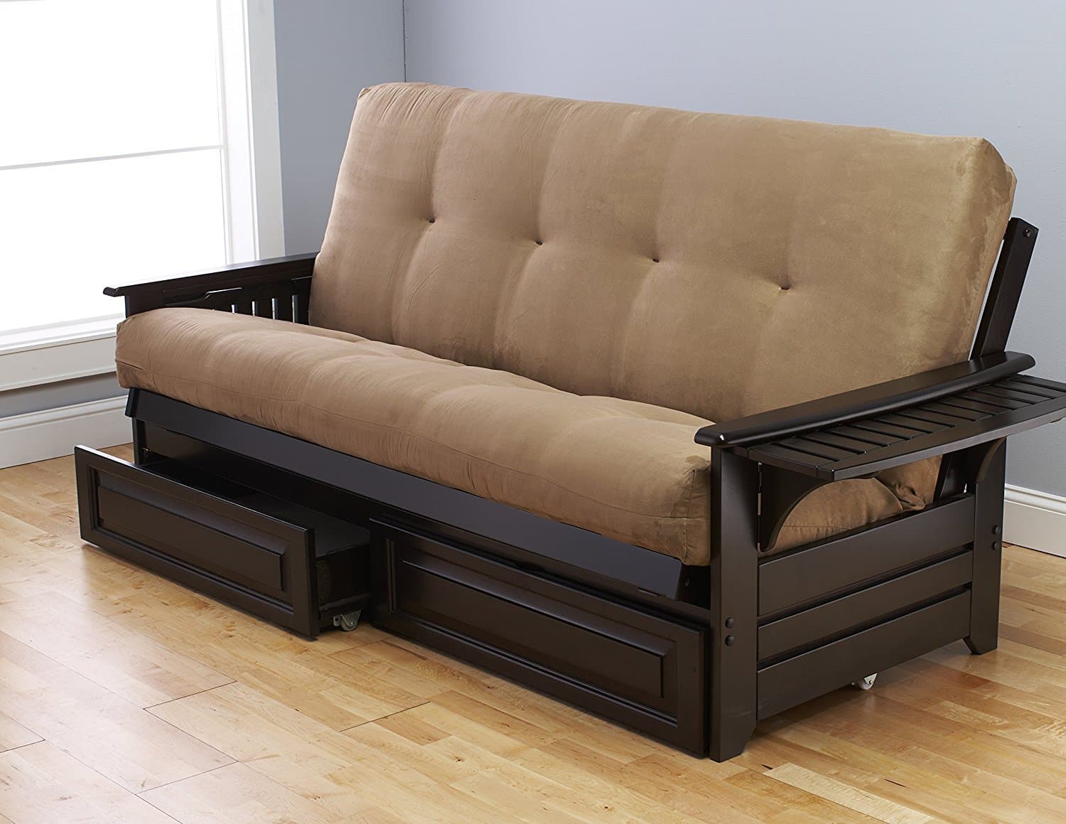 Queen Size Phoenix Espresso Frame w/ 7 Inch Mattress Microfiber Suede Futon Set Wood Sofa Bed (Peat Mattress, Frame w/Drawers (Queen Size))