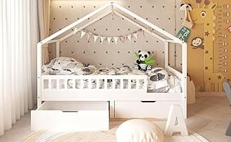 Kids Single Bed Frame - White House-Shaped Bed with Underbed Storage Drawers Mattress Size:90x190cm(Mattress Not Included)
