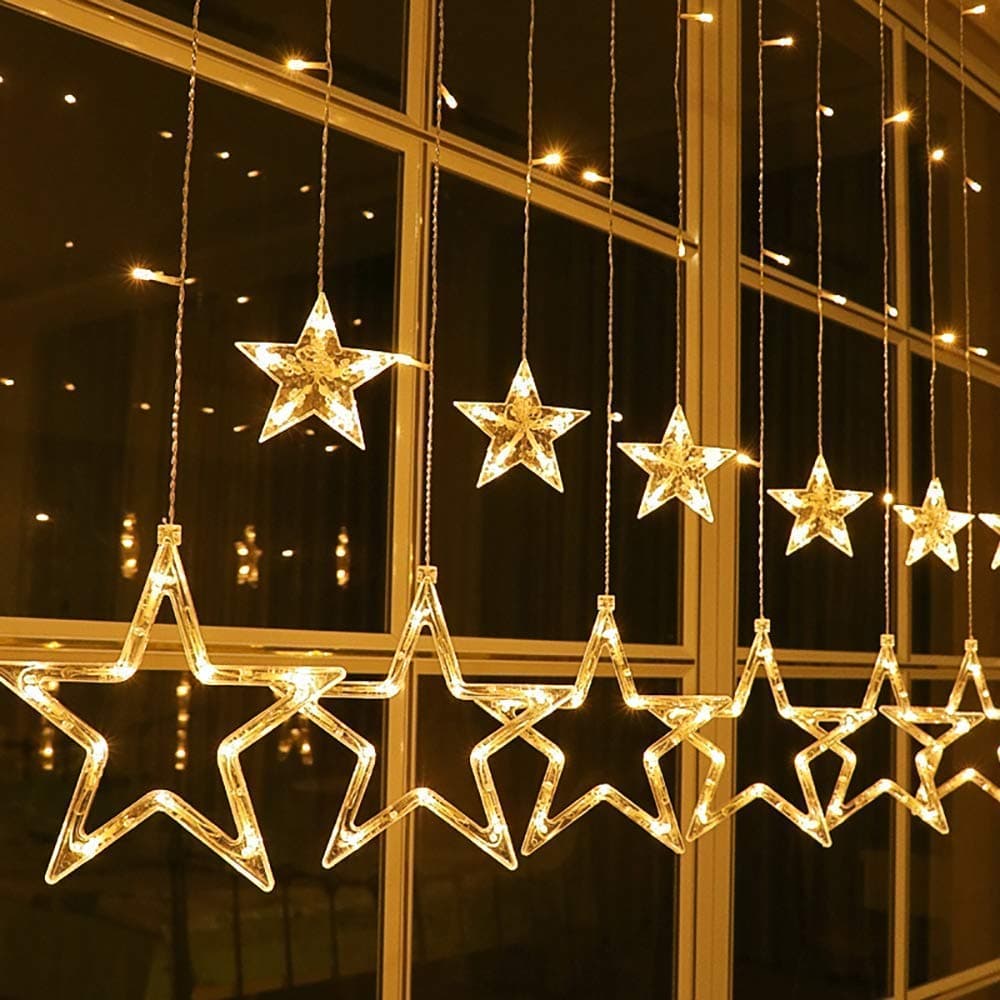 Star Lights String, Fairy String Lights LED Star Strips 6.6foot Warm White 12 Stars 138 LED 8 Modes Curtain Lights Stars Shaped for Wedding Party Holiday Indoor Outdoor Decoration