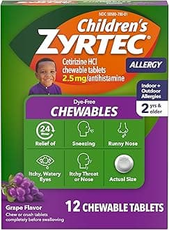 Zyrtec Children's Dye-Free Chewables for 24 Hour Allergy Relief, 2.5 mg Cetirizine Hydrochloride Antihistamine Tablets, Kids Allergy Medicine Relieves Sneezing & Itchy Throat, Grape, 12 ct