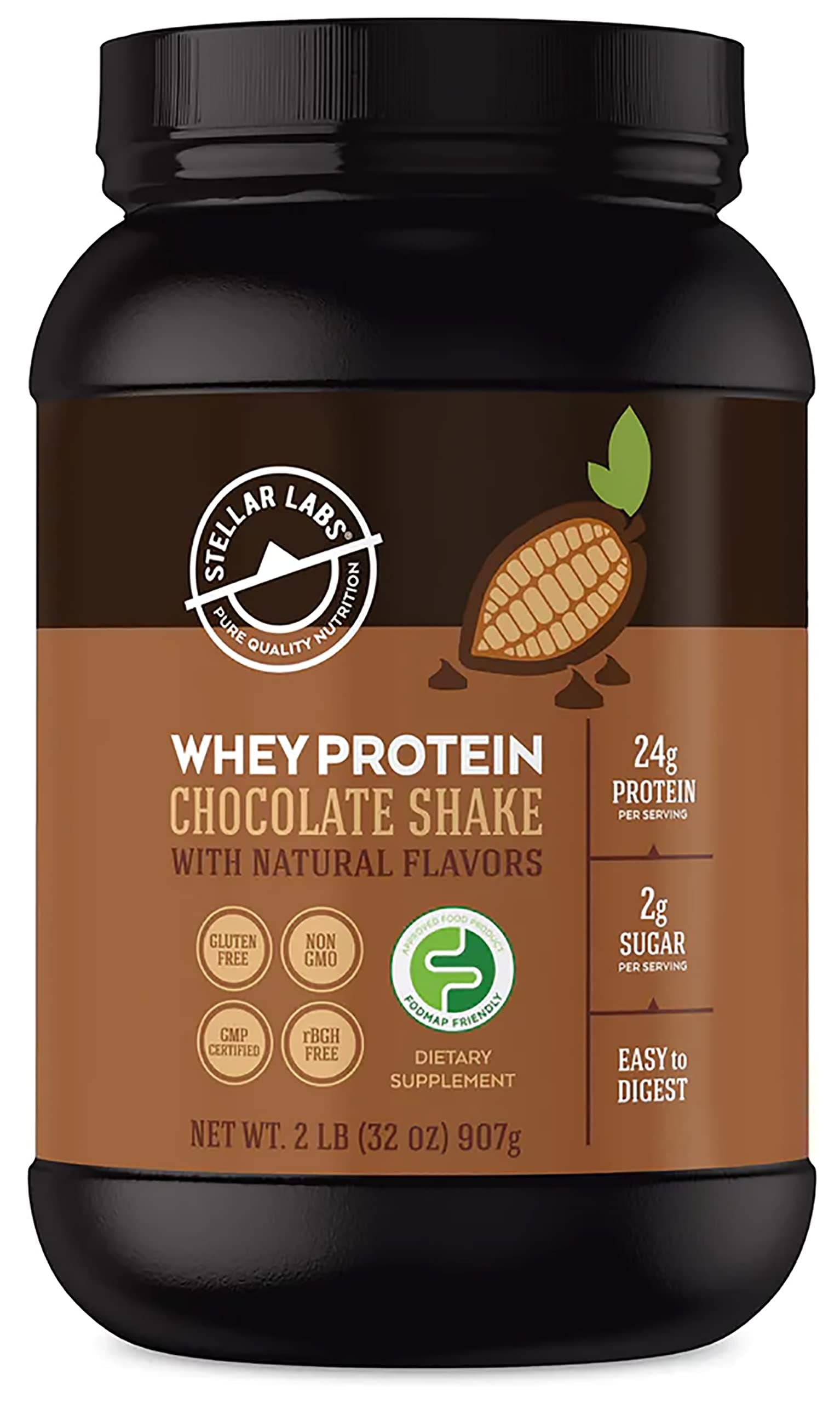 Stellar Labs Whey Protein Powder with BCAA's & Whey Isolate | Certified Low FODMAP, Non GMO, Gluten Free, Low Carb, Keto, with Stevia | All Natural Lean Post Workout Shakes | Chocolate