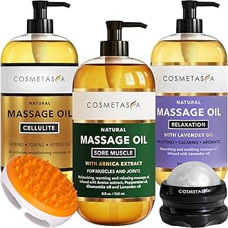 Cosmetasa Body Massage Oil for Massage Therapy Kit - Arnica Sore Muscle Massage Oil, Cellulite Massage Oil, Lavender Massage Oil, Skin Massage Roller Ball, Massager Mitt - Relaxing Luxury Spa Gift Set
