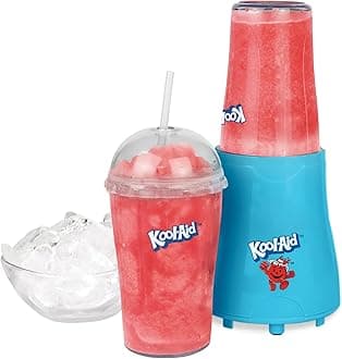 Nostalgia Kool-Aid Slush ‘N Go Personal Blender for Smoothies, Slushies, Shakes, and Fruit Blends, Includes Two 15 Oz Travel Bottles, Cup Lid, and Reusable Straw, Blue
