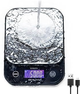 BOMATA Waterproof IPX6 Kitchen Scale, 0.1g High Precision,Max 5kg, Washable, TYPE-C Rechargeable, Stainless Steel Weighing Platform, Digital Scale for Food，Cooking, Baking, Weight Loss, etc.……