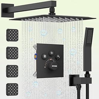 Shower Faucets Sets Matte Black Shower System with Body Jets, Bostingner 12" Rain Shower Head with Handheld Spray and 4 Body Jets,Can Run Together,3 Way Thermostatic Volume Adjustable Valve