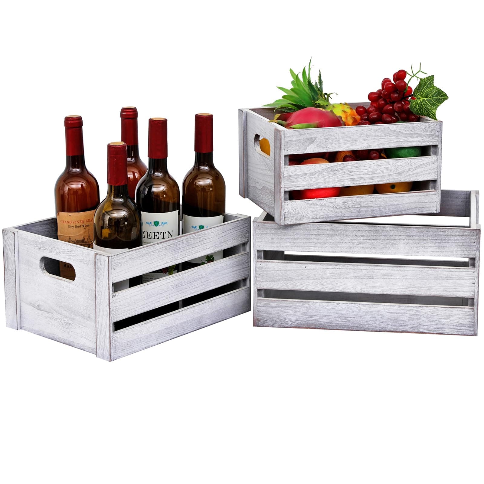 Decorative Wood Crates Nesting Crates Storage Container,Nature Rustic White Set of 3