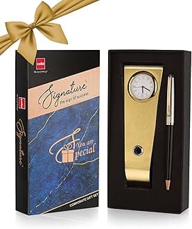 Cello Signature Rakshabandhan Gift Set|Blue Ink|1 Ball Pen + 1 Golden Finish Table Clock with Pen Holder|Premium Metal Pens|Stylish Gifts for Christmas and New Year|Gifts for Men and Women