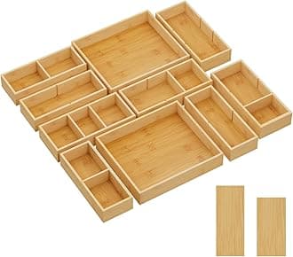 Lifewit 10 pcs Bamboo Drawer Organiser(22Grid) with 12 Inserts, Adjustable Desk Drawer Dividers Trays, Stackable Wood Storage Boxes for Stationery, Makeup, Kitchen Utensils in Office/Bathroom/Bedroom