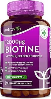 NutravitaBiotin hair growth supplement 12000mcg with zinc, selenium and copper - High Dosage Vegan biotin tablets - supports hair, skin and nail growth - year supply 365 -