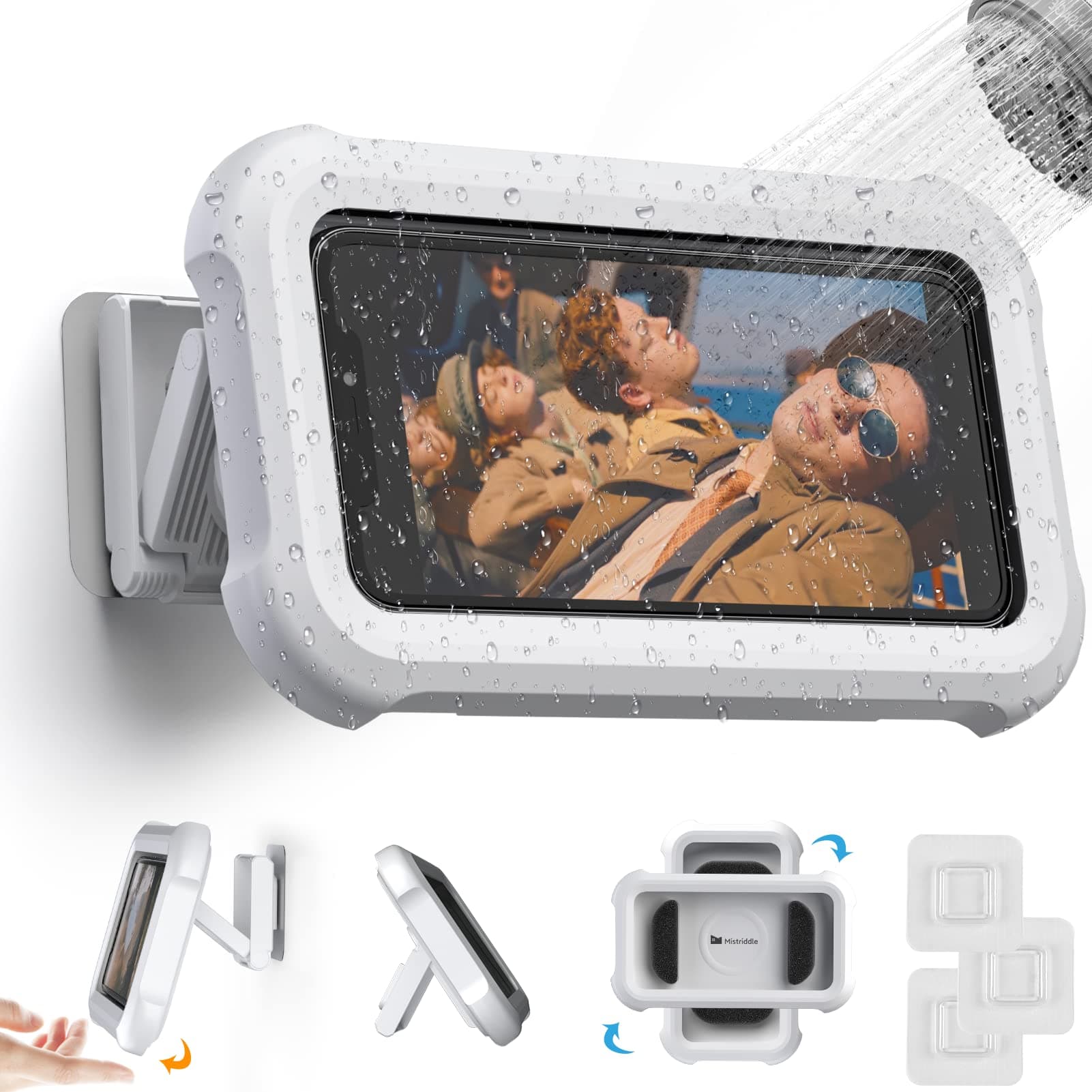 Mistriddle Waterproof Shower Phone Holder with 360 Rotation, Angle Adjustable, Wall Mounted Phone Holder for Bathroom Mirror Bathtub Kitchen, Up to 6.8 Inch (Upgraded).