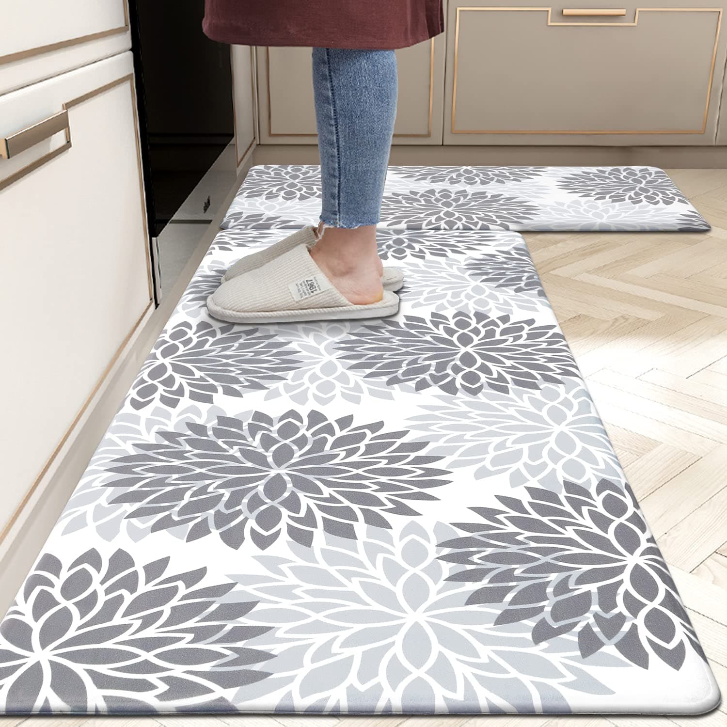 HEBE Anti Fatigue Kitchen Rugs Sets of 2, Non Slip Kitchen Mats for Floor, Waterproof Cushioned Comfort Standing Carpet for Kitchen Sink, Home Office, Laundry Room, Gray