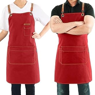 Canvas Apron with Pockets and Cross-back Straps for Chef Kitchen Cooking BBQ, Barista Bartender Barber Shop and Art Gardening Work Professional Aprons - Red