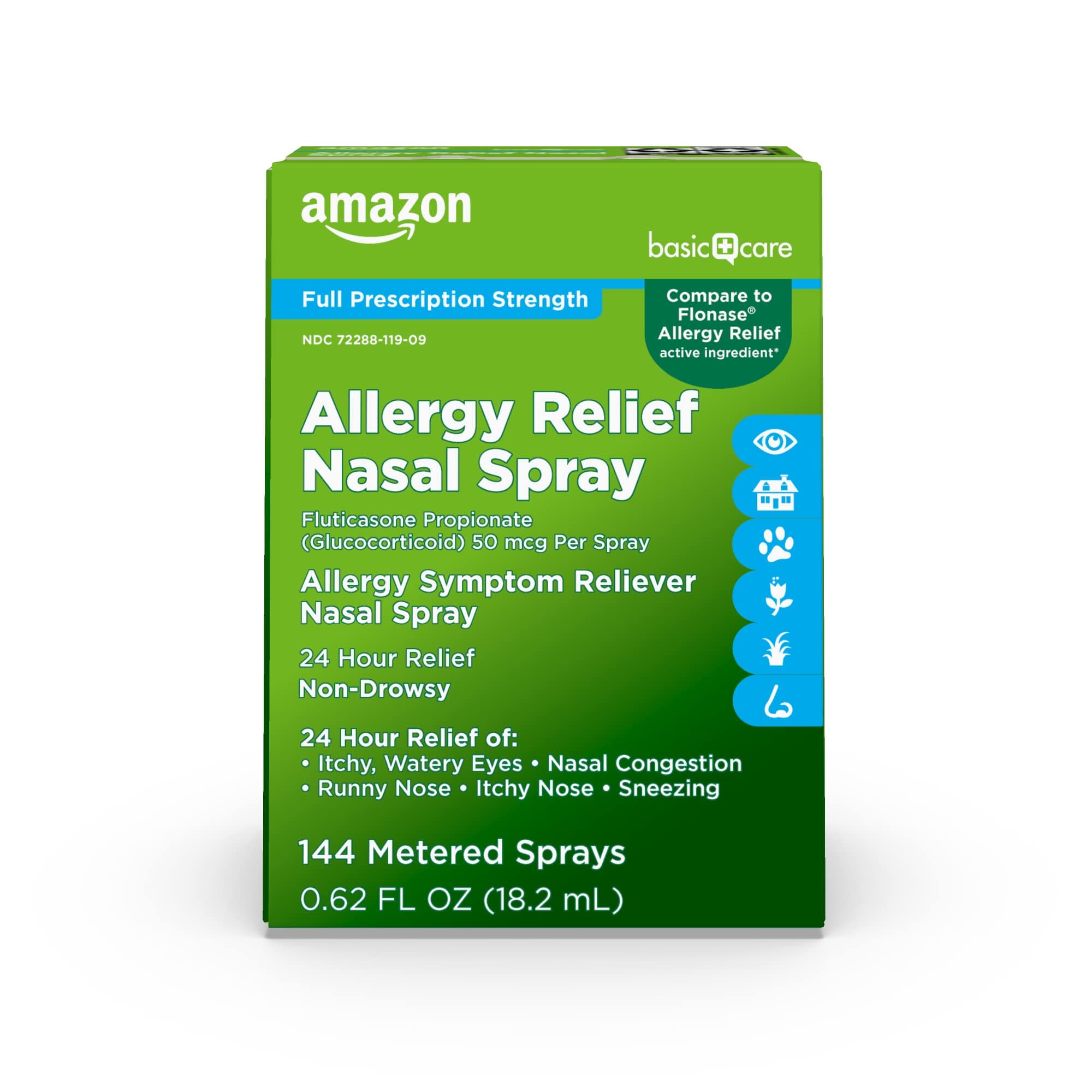 Amazon Basic Care 24-Hour Allergy Relief Nasal Spray, Fluticasone Propionate (Glucocorticoid), 50 mcg, Full Prescription Strength, Non-Drowsy, 0.62 Fl Oz