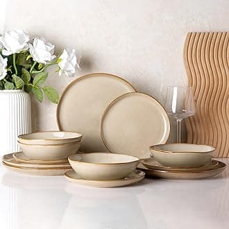 AmorArc Ceramic Dinnerware Sets,Handmade Reactive Glaze Stoneware Plates and Bowls Set,Highly Chip and Crack Resistant Dishware | Dishwasher & Microwave Safe Dishes,Service for 4 (12pc)