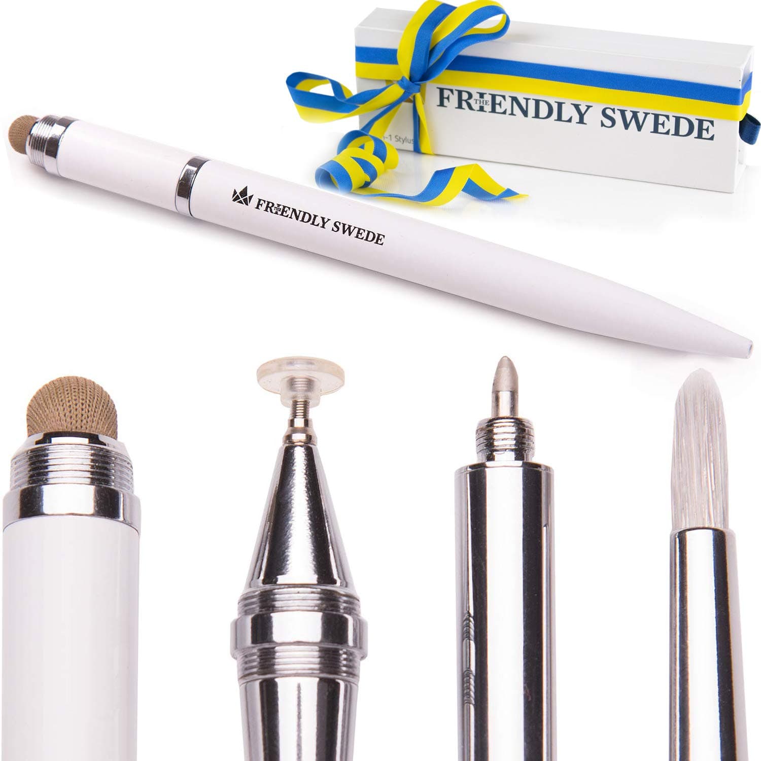 The Friendly SwedeCapacitive 4-in-1 Stylus Pen with Replaceable Brush, Fiber Tip, Precision Disc + Ballpoint Pen in Gift Box, st-Skurup-whi-1p-00DE