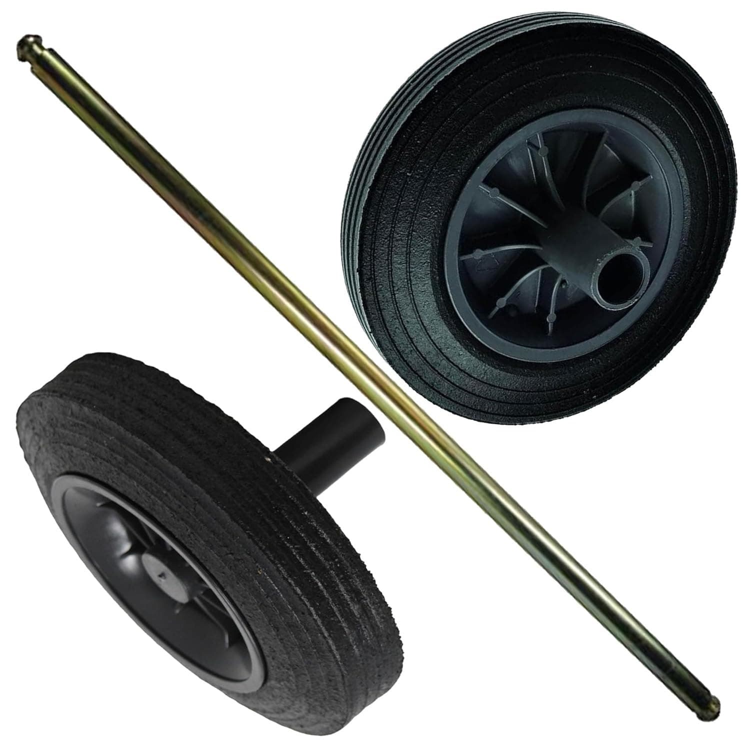 Wheelie Bin Heavy Duty Replacement Kit - Rubber Wheels With Solid Axle and Nose Collar (Axle & 2 Wheels)