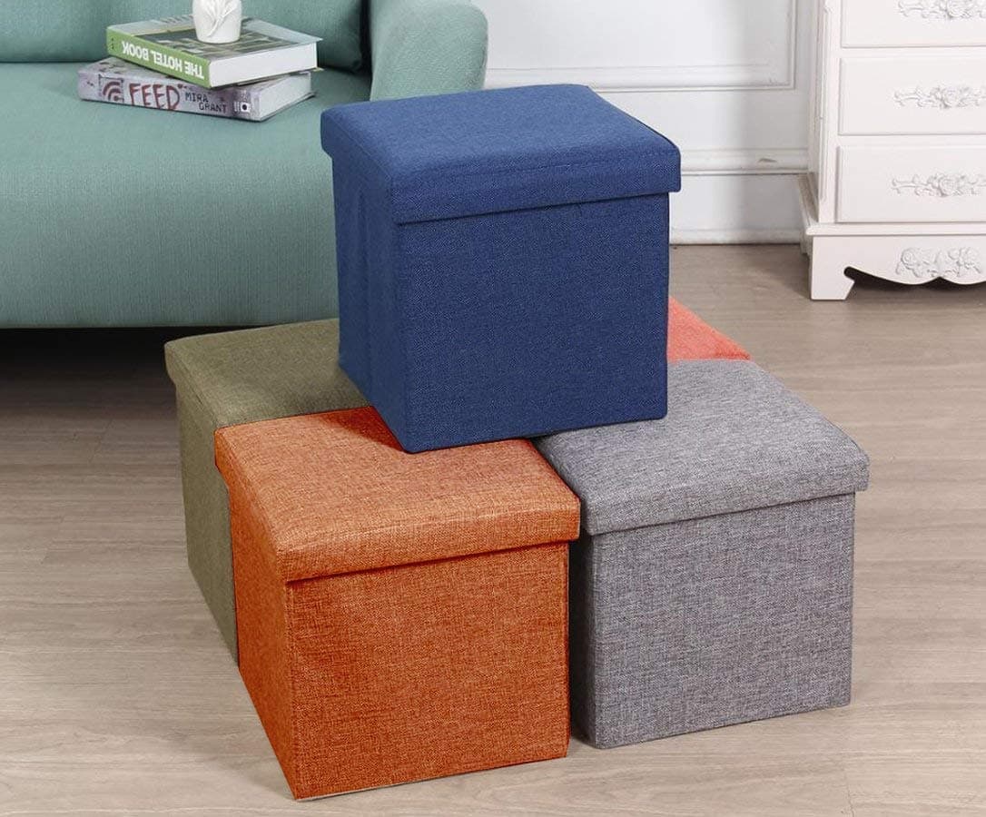Fabric Living Foldable Storage Bins Box Ottoman Bench Container Organizer With Cushion Seat Lid,Cube,Multi Colour(30X30X30 Cm) (1 Pcs), Multi-coloured