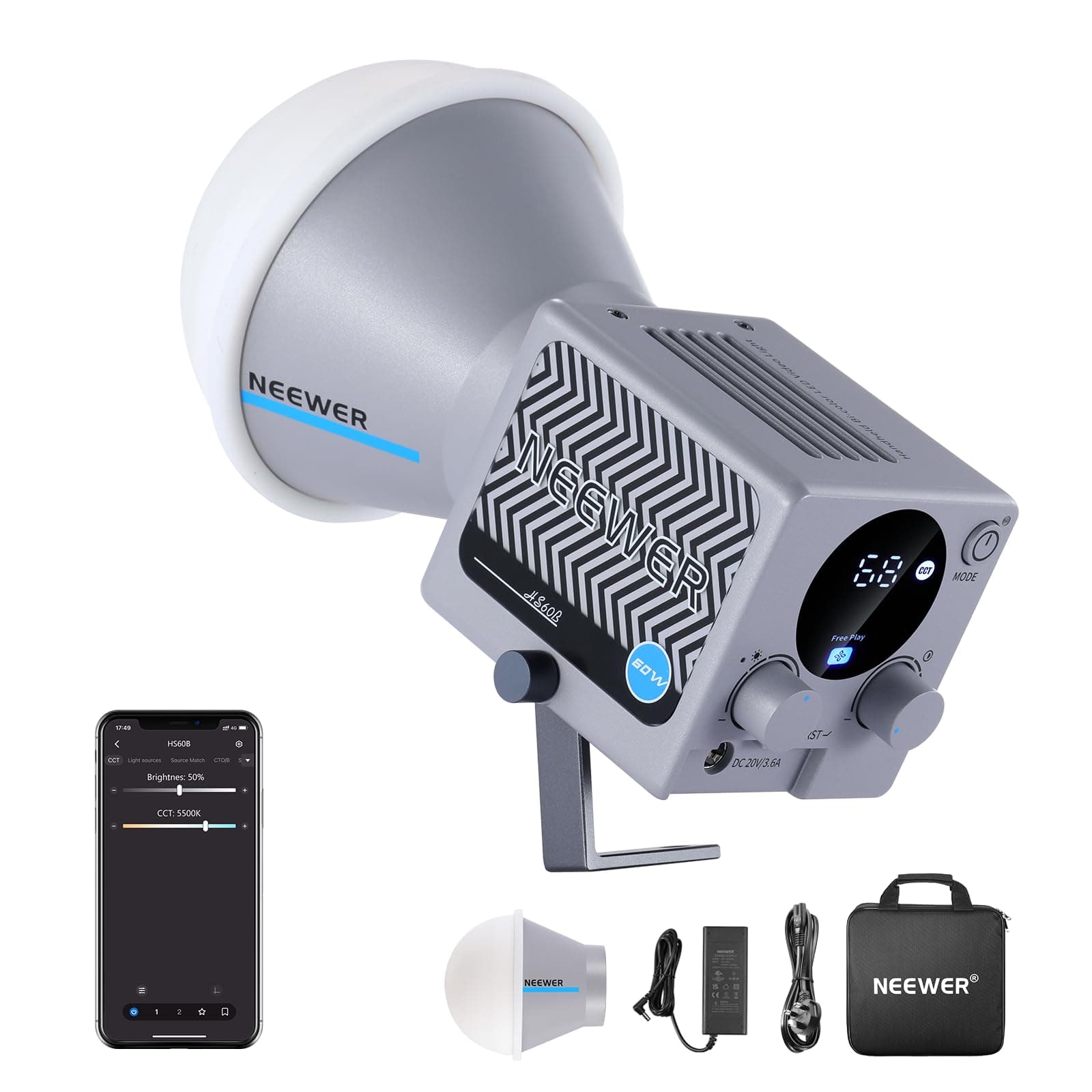 NEEWER HS60B Mini Video Light with App Control, 60W Handheld Portable Bi Color COB LED Continuous Output Lighting with 35000lux/1m 2700-6500K 0-100% PWM Dimming CRI/TLCI 97+ 12 Scenes USB Type C