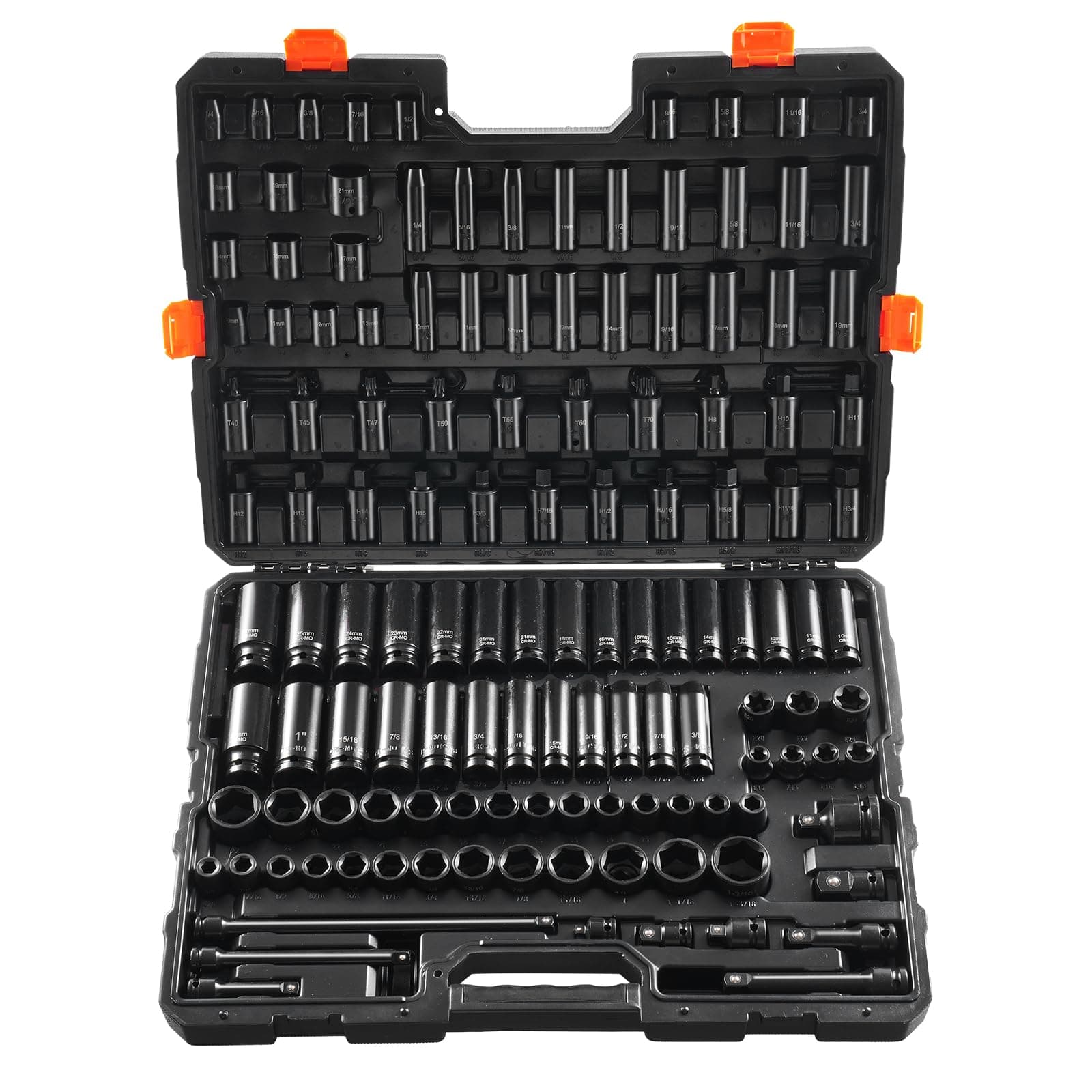 VEVOR Impact Socket Set 130 Piece 3/8" & 1/2" - SAE & Metric Drive Socket Set - 6 Point Cr-Mo Alloy Steel for Auto Repair - Easy-to-Read Size Markings - Includes Storage Case