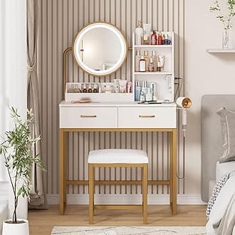 Vabches Makeup Vanity with Round Mirror and Lights, White Vanity Makeup Table with Charging Station, Small Vanity Table for Bedroom, 3 Lighting Modes, 31.5in(L)