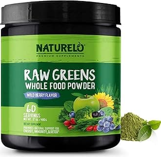NATURELO Raw Greens Whole Food Powder with Grasses Like Spirulina, Chlorella and Wheat Grass, Fibres Like Inulin, Probiotics, Enzymes and Potent Antioxidants - 60 Vegan Servings