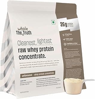The Whole Truth Whey Protein Concentrate Unflavoured |1 kg (2.2 lbs) | 26g Protein per scoop | 6.4g BCAA | 100% Authentic Whey & No Adulteration | Clean and Light | Muscle Building | Vegetarian