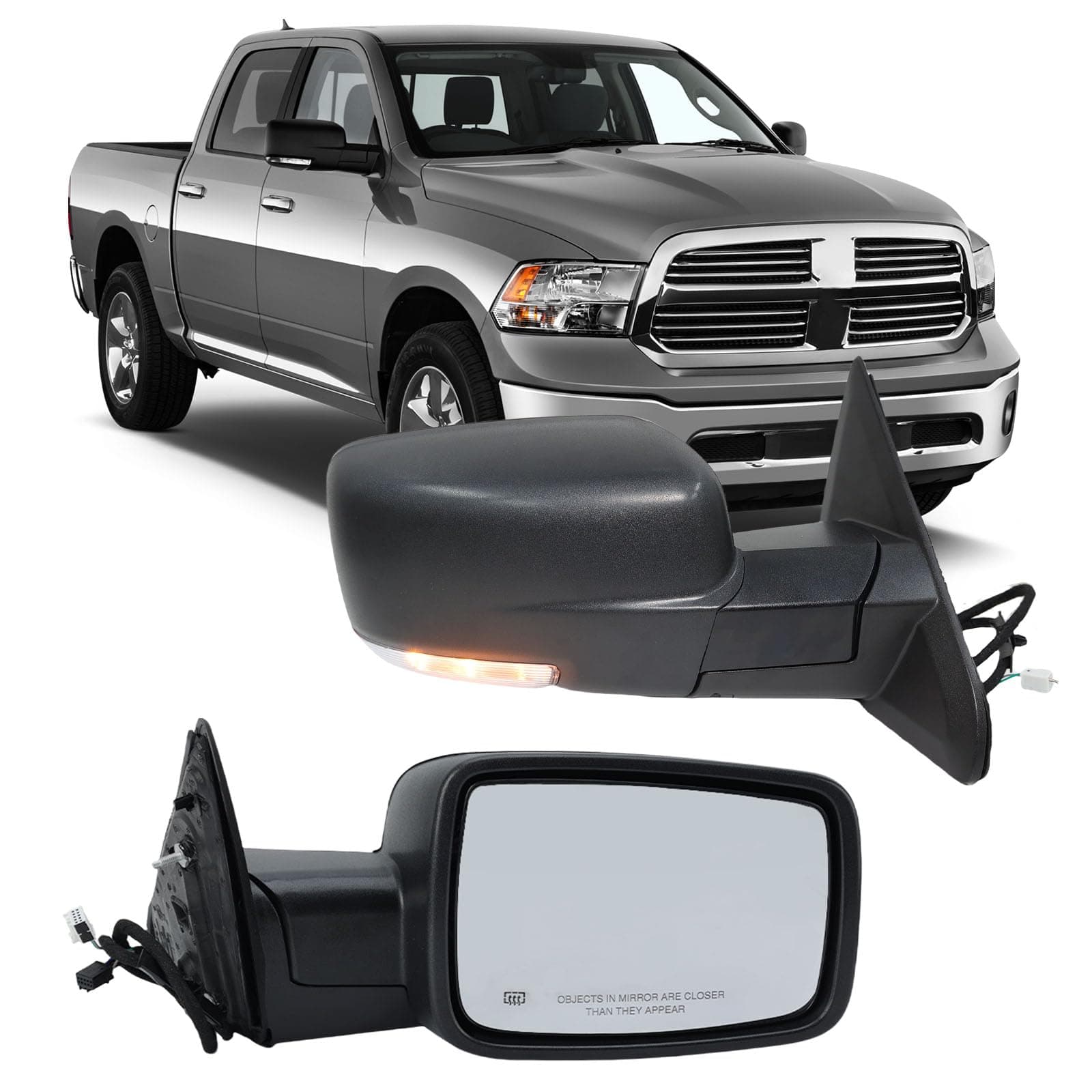 Right Passenger Side Mirror Compatible with 2013-2018 Dodge Ram 1500 2500 3500 Mirrors with Heated Tuning LED Signal Puddle Lamp Power Fold Textured Black(9+2Pins)