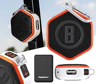PlayBetter 2023 Bushnell Wingman Mini (Orange/White) - Magnetic Golf Speaker Bundle with Portable Charger | Golf Cart Audible Music & Distances Bluetooth Speaker | 36,000+ Courses