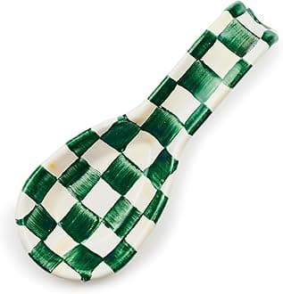 MACKENZIE-CHILDS Enamel Spoon Rest, Kitchen Utensil Rest and Spoon Holder, Kitchen Decor, Green-and-White Emerald Check