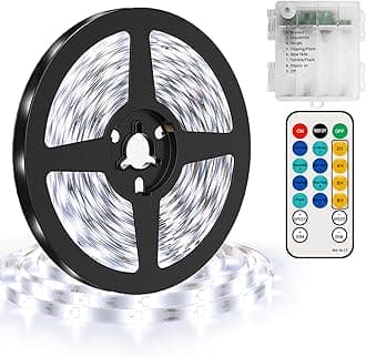 LED Strip Lights Battery Powered 16.4ft/5m 150 LEDs White Tape Lights Strip with Remote, 8 Modes, Timer, Dimmable, Waterproof, Self-Adhesive LED Lights for Dorm Room Cabinet(Cool White)
