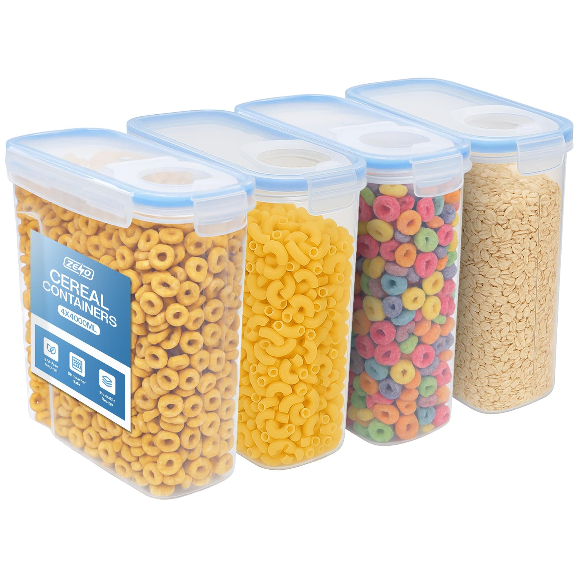 Cereal Storage Containers 4 PCS | Cereal Containers Dishwasher Safe | Storage for Cereal, Pasta, Rice & Dry Foods | Airtight Food Storage Container | Holds 4 Litres