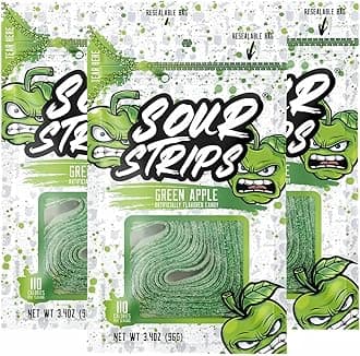 Sour Candy Belts, Green Apple, Resealable Candy Bags, 3.4 Ounce (Pack of 3)