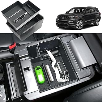 Double Layer 2020-2025 Explorer Center Console Organizer for Ford Explorer All Trims (Active/ST-Line/Platinum/ST), Durable ABS Plastic 2023 2024 2025 Explorer Armrest Tray, Tissue Box Holder