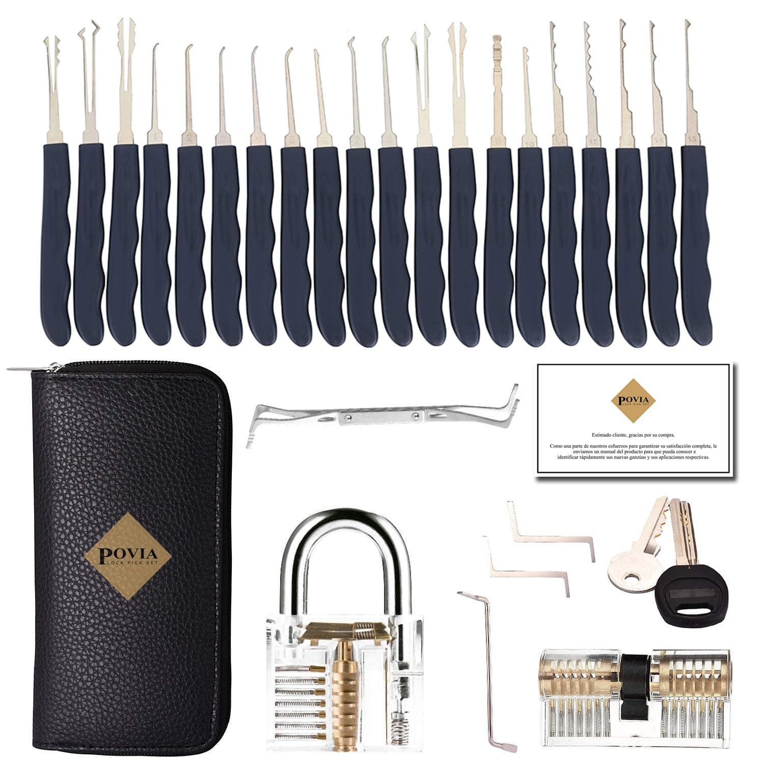 POVIA Lock Pick Set – 24 Pieces Lock Picking Tools with 2 Clear Training Locks - A Transparent Practice Padlock and a Transparent Double Cylinder Lock-Guide for Beginners and Pro Locksmiths-Carry Case