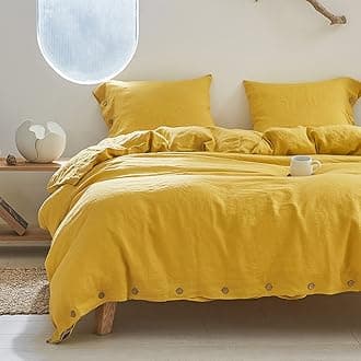 Simple&Opulence 100% Linen Duvet Cover Set 3pcs with Coconut Button Closure Natural French Washed Flax Solid Color Soft Breathable Farmhouse Bedding - Mustard Yellow, Full Size