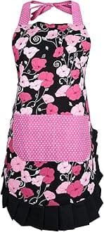 G2PLUS Cotton Kitchen Apron with Pocket, Adjustable Cooking and Baking Apron for Women, Floral Chef Apron for BBQ, Housewarming Gift, Farmhouse Kitchen Decor (Pink + Black)