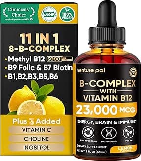 Venture Pal Vitamin B Complex Liquid Drops, B12 Methylcobalamin | B9 Folic | B1,B2,B3,B5,B6,B15 - Vitamin C, Choline, Inositol, Immune & Energy Metabolism, Brain & Heart Support