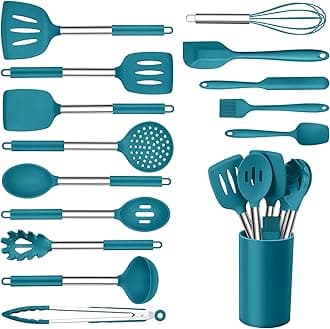 15pcs Kitchen Cooking Utensils Set with Holder, Onader Heat Resistant Silicone Kitchen Utensils Spatula Set with Stainless Steel Handle - Blue