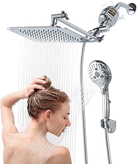 8'' Dual 20 Stage Filtered Shower Head with Handheld, 6 Spray Settings Handheld Shower Head High Pressure Rainfall Filter Combo with 12'' Adjustable Extension Arm, 71'' Shower Hose (Chrome Polished)