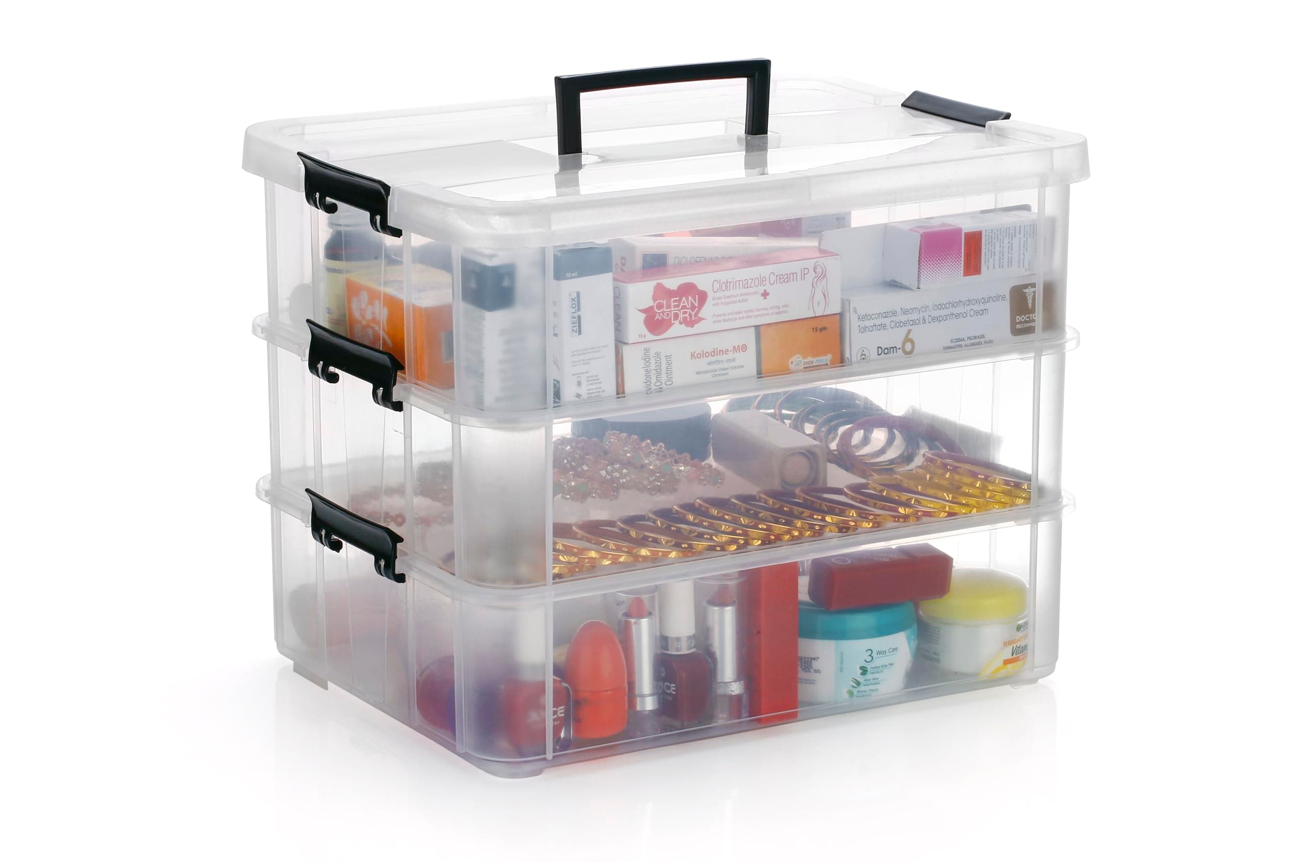 PALAK Plastic Storage Box - Transparent Rectangular Multi Utility Detachable,Portable & Stackable Space Saving Organiser With Lid For Medicine,Jewelry,Arts & Crafts,Buttons,Beads (3 Tier,Black)