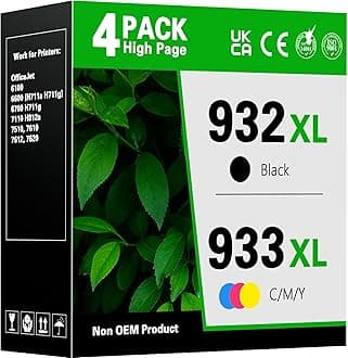 932XL 933XL High Yield Ink Cartridges (1Black/1Cyan/1Magenta/1Yellow) Replacement for HP 932 933 XL Ink Cartridge Combo Pack Replacement for HP OfficeJet 6100 6600 6700 7110 7510 7612 7610 Printers
