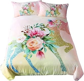 Sleepwish Unicorn King Size Bedding Set 3 Pieces Duvet Cover and Pillow Shams Pink Roses Gold Glitter Unicorn Bed Cover Chic Horse Bedspreads Girls Pretty Christmas Bedding Gifts