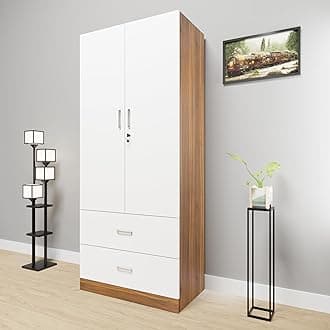 VIKI Wardrobe | Wooden Almirah for Clothes,Door for Bedroom, 2 Door Wardrobe with Drawer & Hanging Space (Brussel Walnut, White - 40D x 80W x 180H) | 1 Year Warranty | Free Assembly